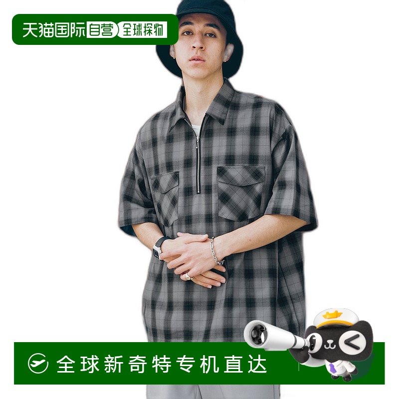 日本直邮RAGEBLUE 男士渐变格子半拉链宽松短袖衬衫 101701