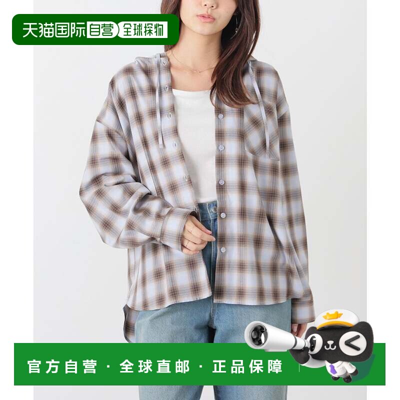 日本直邮Honeys带帽格子衬衫上衣长袖格纹人造丝混纺斜纹面料前扣