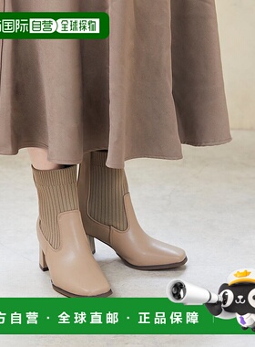 日本直邮Menue 方形鞋头针织粗跟靴 ME8623BW02168