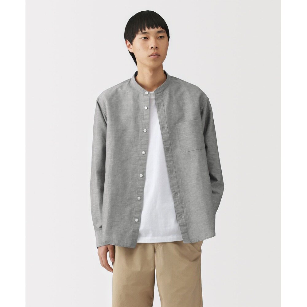 日本直邮MUJI 男女同款 亚麻棉混纺立领长袖衬衫 4548076110682