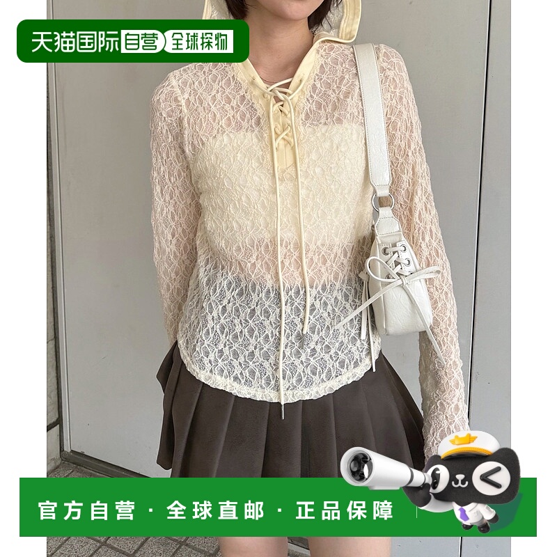 1h可退 日本直邮mline 女装 蕾丝拼接长袖连帽上衣 半拉链设计 ML