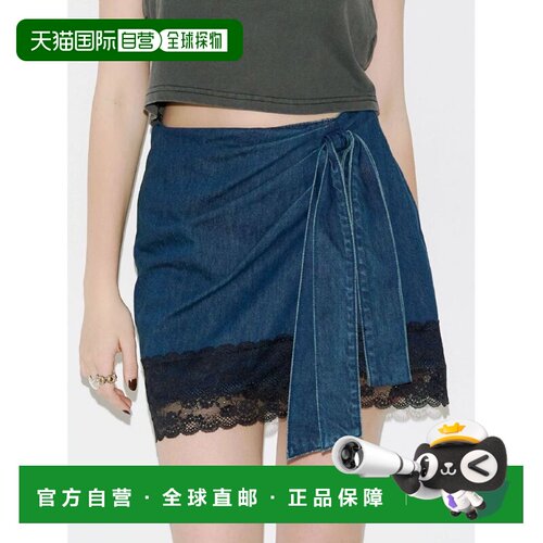 日本直邮EVRIS 女装 牛仔迷你裙 蕾丝拼接蝴蝶结腰头设计 3726425