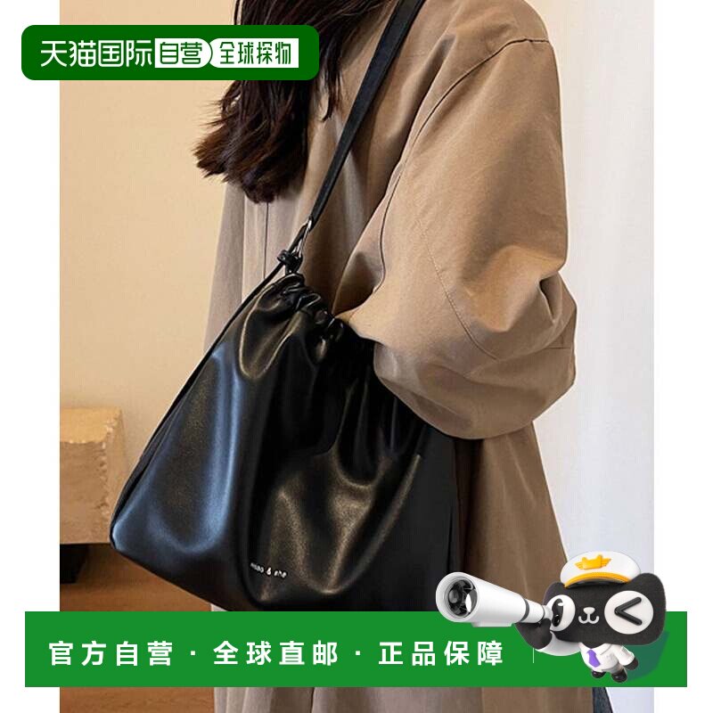 日本直邮皮革褶皱斜挎包 黑色 可放iPad 单肩包胸包两用钱包