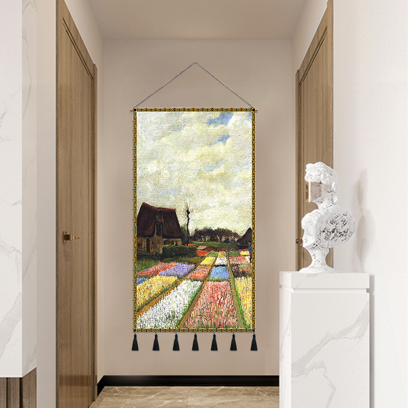 现代简约梵高丰收画玄关装饰画竖版过道走廊客厅餐厅挂画挂毯壁毯图片