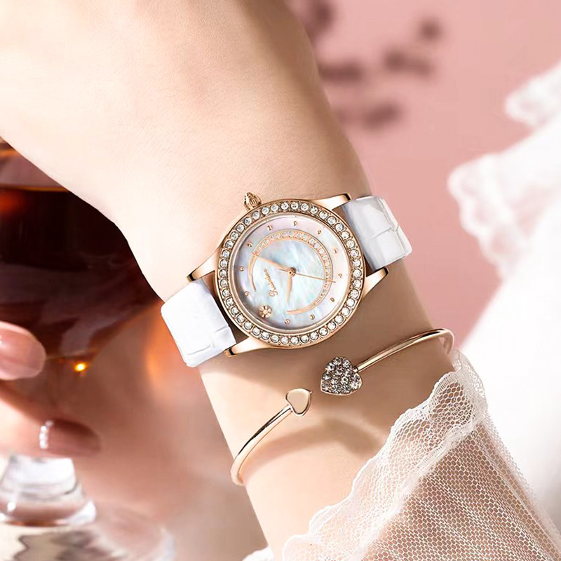 瑞西尼女款2022年新款贝母轻奢镶钻圆形个性高中女生防水石英手表