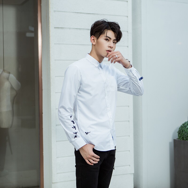 港味新款男衬衫复古衬衫修身2023春长袖免烫刺绣chic型潮流男土