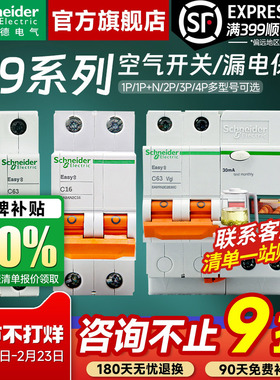 施耐德空气开关带漏保 E9断路器1P+N/2p/3p/4p家用63A漏电保护器