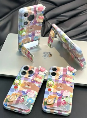 背带小熊贴件支架适用苹果16PROMAX手机壳iPhone15/14PLUS保护套华为NOVA14可爱PURA80闺蜜荣耀400超火RENO14