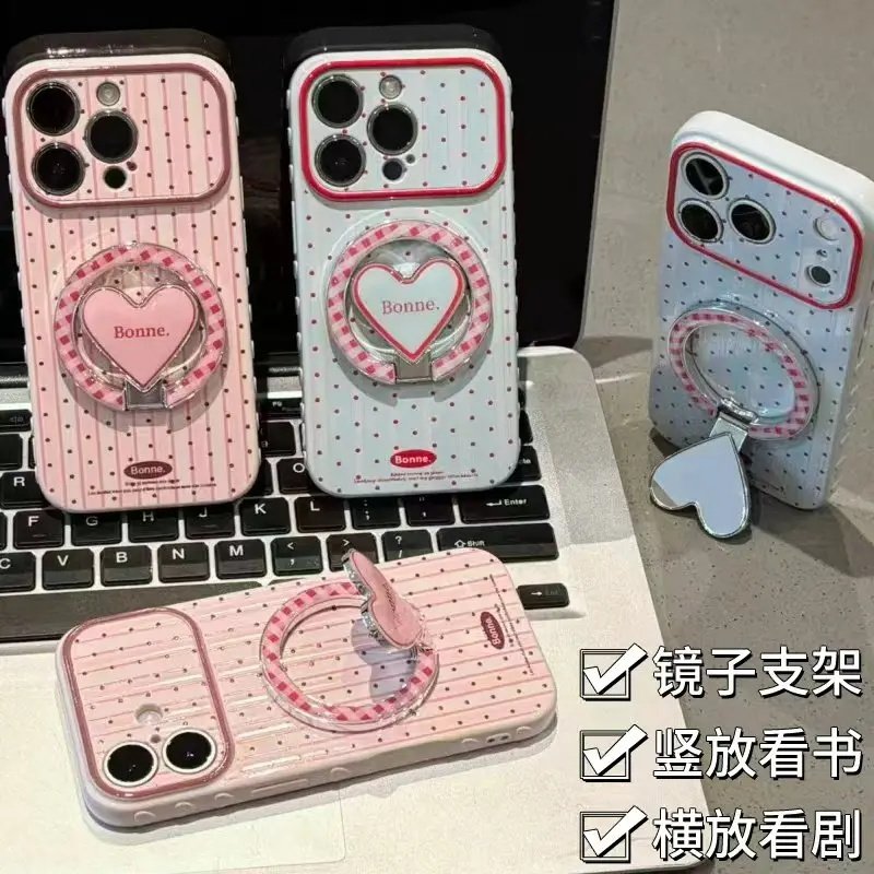 条纹波点爱心支架适用苹果17手机壳iPhone16/15PROMAX新款华为PURA90创意NOVA16韩系MATE60情侣VIVOS60粉OPPO