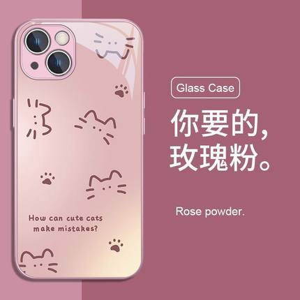 线条小猫咪适用OPPORENO12手机壳K12玻璃套RENO11/10/9/8/7/6/5简约FINDX7/X6超火A97/A95/A58情侣A3/A2M高级