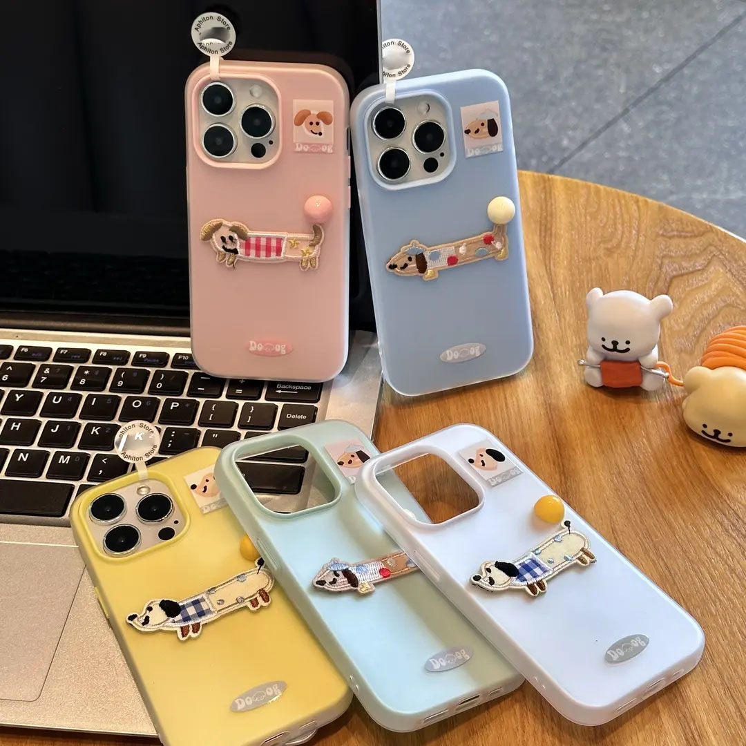 波点刺绣狗贴件适用苹果16PROMAX手机壳iPhone15/14PLUS果冻二合一华为NOVA14可爱PURA80简约MATE60防摔S30粉