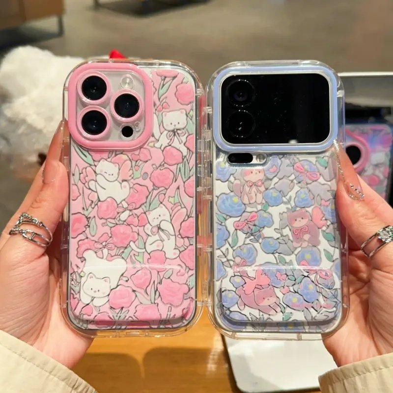 情侣猫咪玫瑰支架适用苹果17手机壳iPhone16/15PROMAX透明泡芙华为PURA80可爱NOVA15全包MATE60PRO小米RENO15