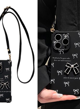 INS立体蝴蝶结适用苹果16手机壳iPhone15四角挂绳14/13斜跨12/11PROMAX超火7/8P手提XS/XR女潮14PLUS可背式IP