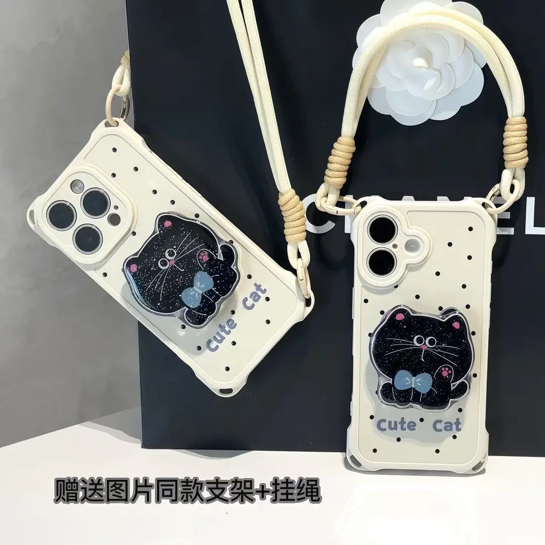 可爱大脸黑猫支架适用苹果17PROMAX手机壳华为MATE60PRO四角挂绳PURA80情侣VIVOS30防摔RENO14简约NOTE15超火