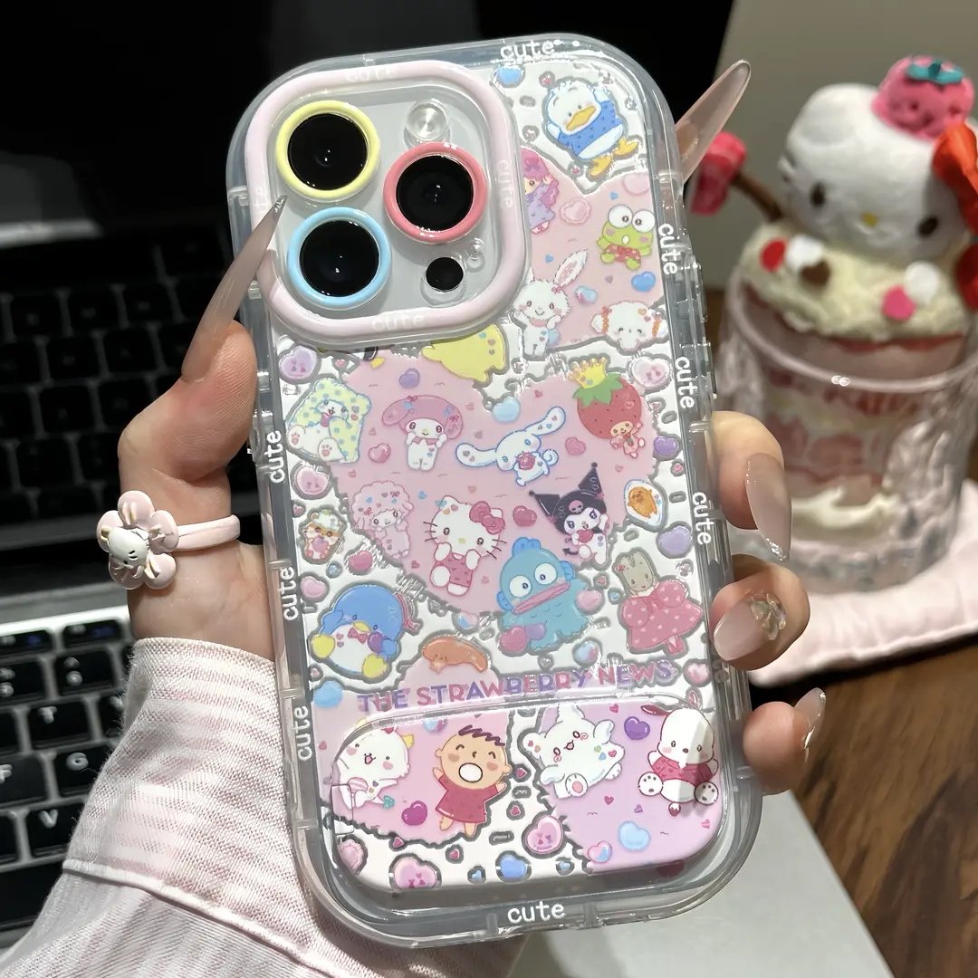 可爱卡通三丽鸥支架适用苹果17手机壳iPhone16/15PROMAX透明泡芙华为PURA80小众MATE60PRO镜面VIVO小米RENO15