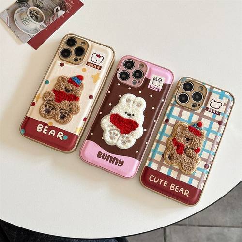可爱毛绒动物刺绣适用苹果手机壳