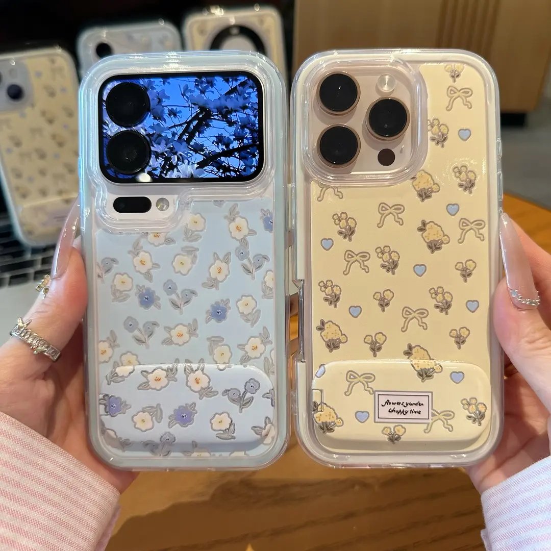 蓝黄小花支架适用苹果17手机壳iPhone16/15PROMAX新款华为PURA80透明NOVA15创意MATE60PRO情侣VIVO小米RENO15