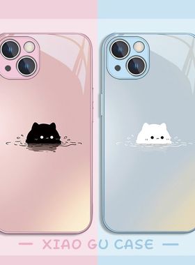潜水猫咪适用苹果17手机壳iPhone16PROMAX玻璃壳华为MATE60PRO情侣PURA80可爱OPPORENO14防摔S30超火NOTE15硬