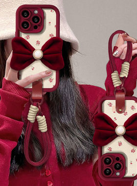 安可拉红适用苹果16PROMAX手机壳iPhone15/14新年红华为PURA70创意NOVA13PRO丝绒蝴蝶结VIVOS19女红米NOTE14