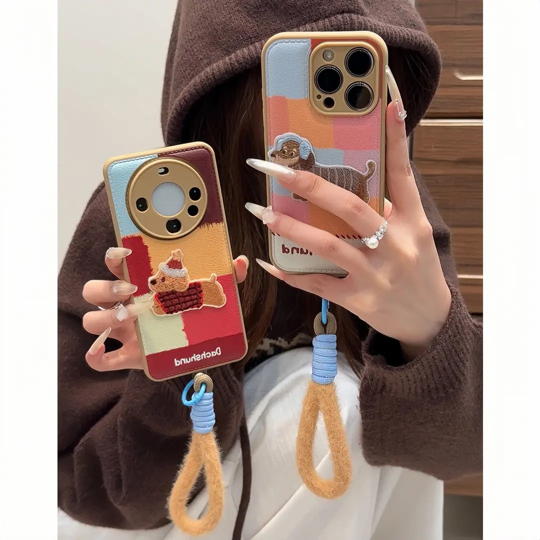 秋冬拼接彩格小狗适用苹果手机壳