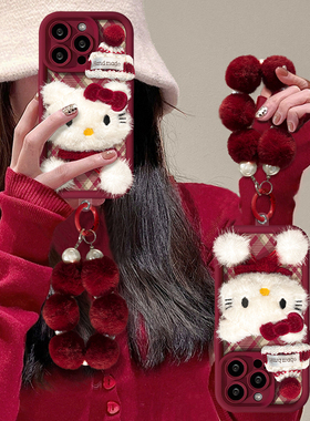 红色帽子围巾kt猫适用苹果16手机壳iPhone15/14新年款13/12MINI可爱11PROMAX毛绒XS/XR本命年7/8P超火XSMAX女