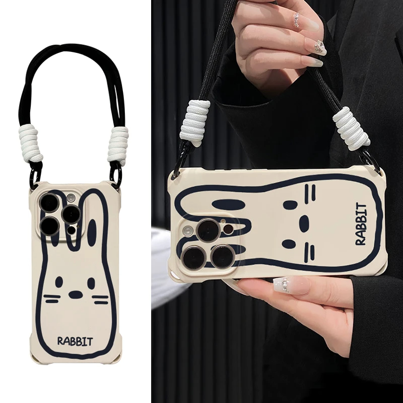 线条兔子四角挂绳手机壳