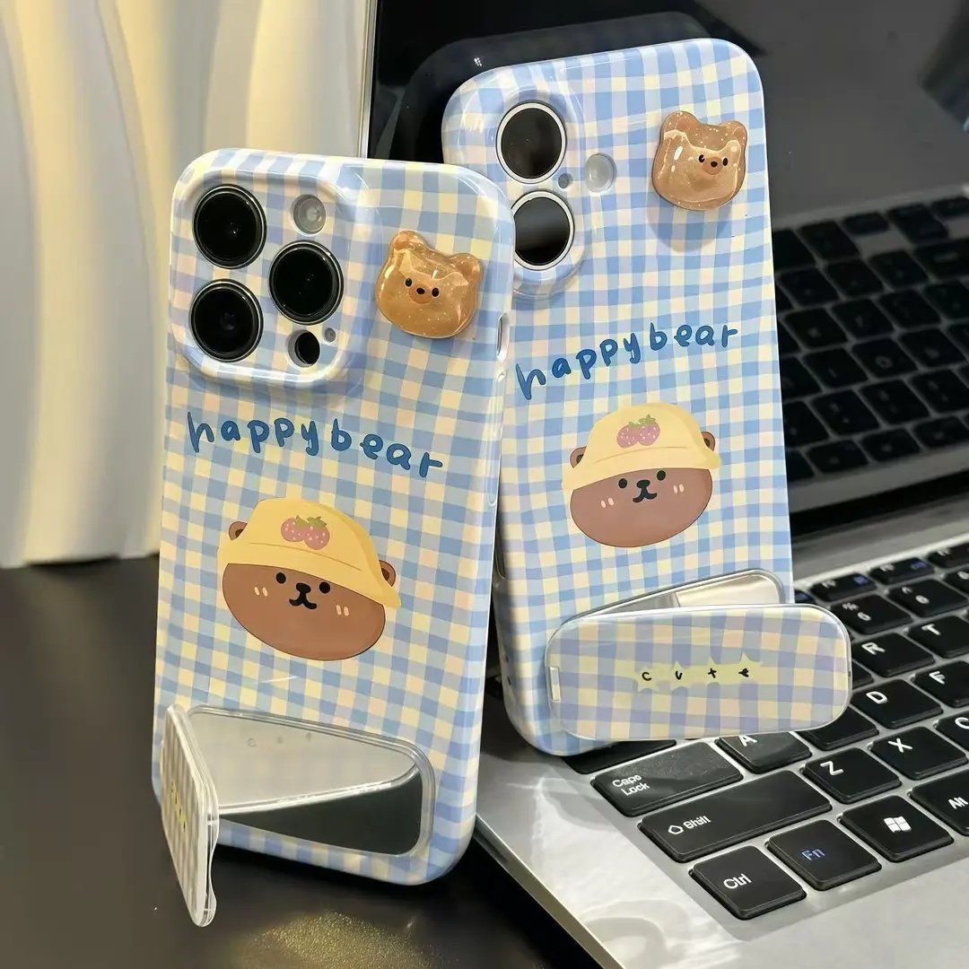 可爱小熊公仔镜子支架适用苹果17手机壳iPhone16/15菲林华为PURA80可爱NOVA14全包MATE60PRO情侣RENO14荣耀90