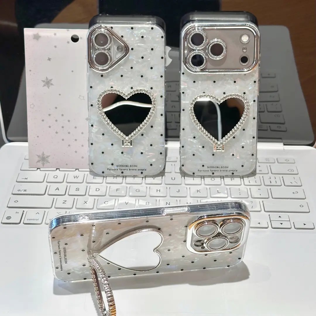 韩系波点爱心镜子支架适用苹果17手机壳iPhone16PROMAX新款华为PURA80简约NOVA15精孔MATE60PRO超火VIVO小米
