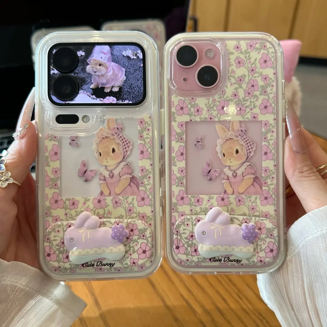 镂空紫碎花兔支架适用苹果17手机壳iPhone16PROMAX新款华为PURA80可爱NOVA15透明MATE60PRO防摔VIVIO小米OPPO