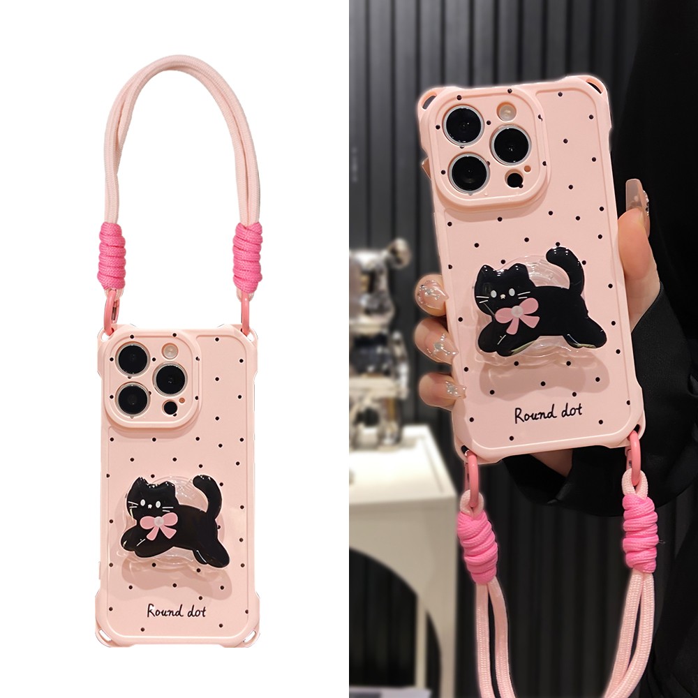 蝴蝶结小猫支架适用苹果16手机壳iPhone15/11PROMAX四角挂绳华为PURA70卡通NOVA12斜挎MATE60创意小米14S19粉