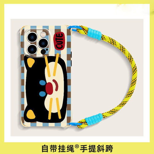格纹黑猫大头四角挂绳手机壳