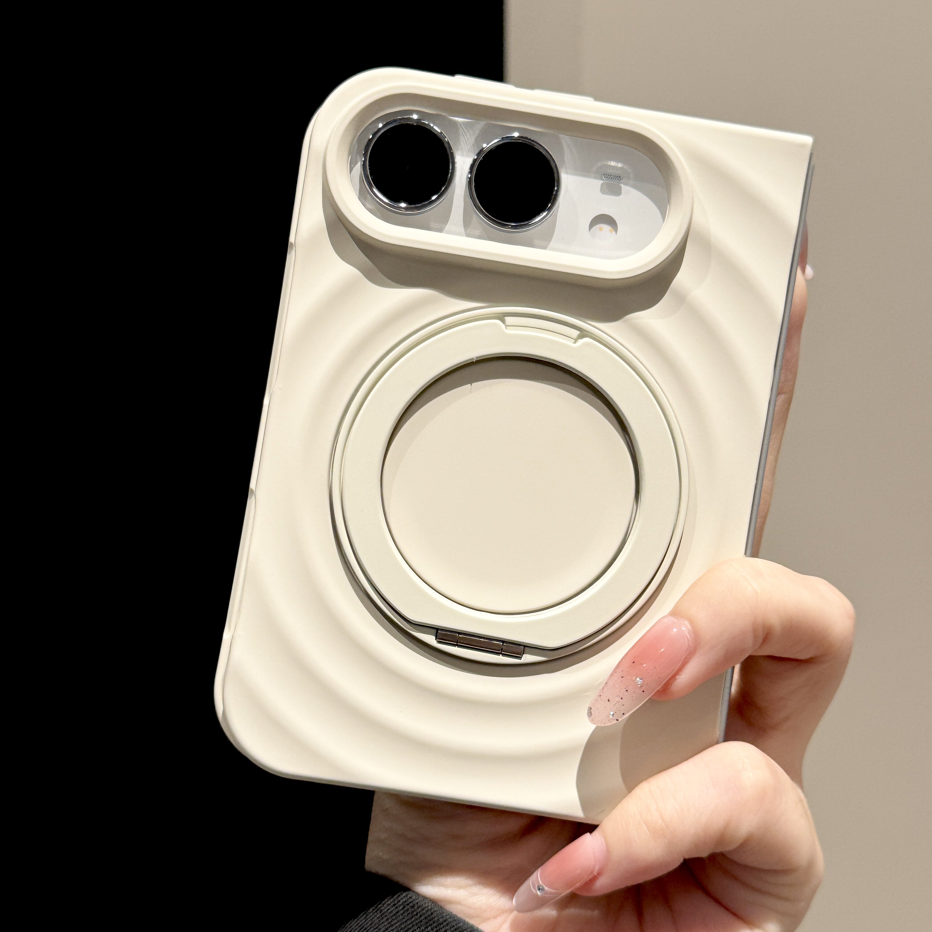 韩道适用苹果iPhoneDuo折叠屏手机壳新款米白色肤感波漾液态硅胶360旋转磁吸支架简约ins侧边全包防摔保护套