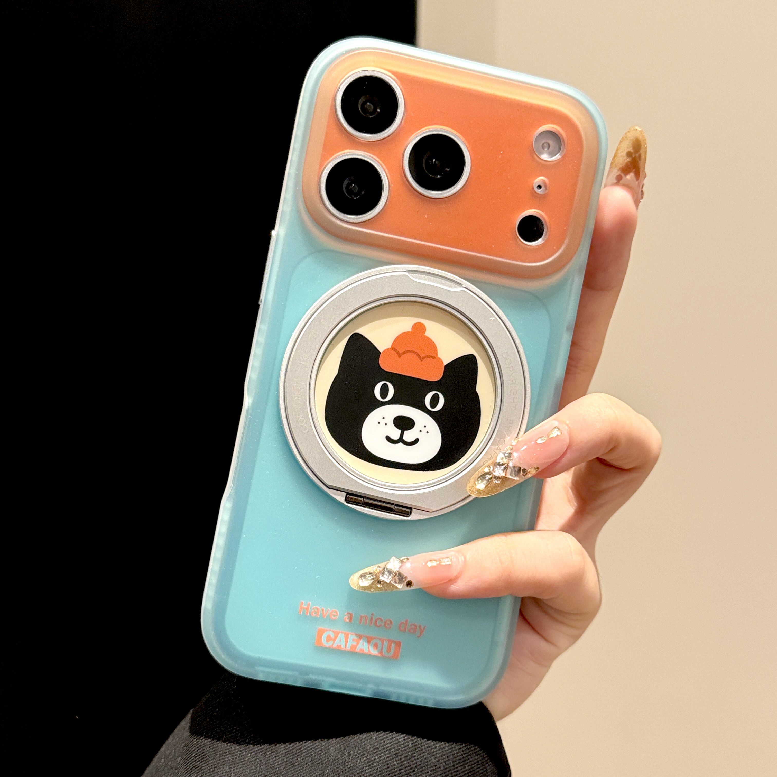 韩道适用苹果17Promax手机壳iPhone16PM新款透明雾面青橙撞色小猫头像360旋转磁吸支架简约ins精孔防摔保护套