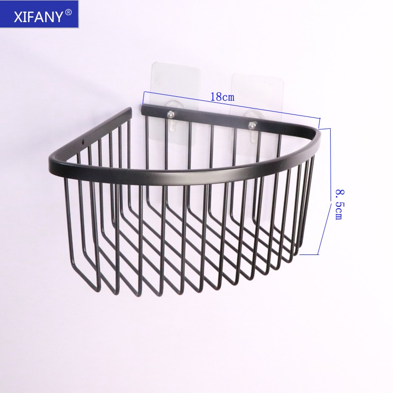 304不锈钢卫浴置物架黑色三角网篮挂架免打孔卫生间