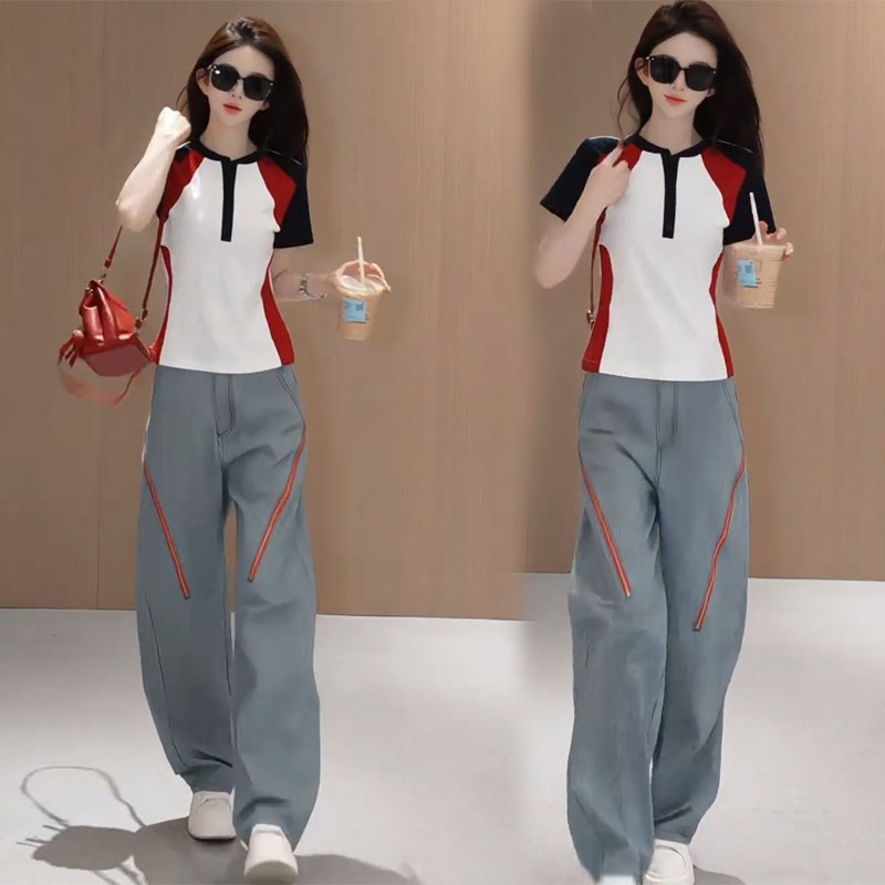 撞色设计半开领短袖t恤上衣斜拉链窄版阔腿裤两件套装女2025夏季