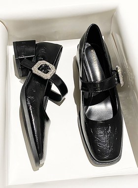 一字带粗跟方头黑色高跟鞋女2025年春秋新款通勤单鞋防水台小皮鞋