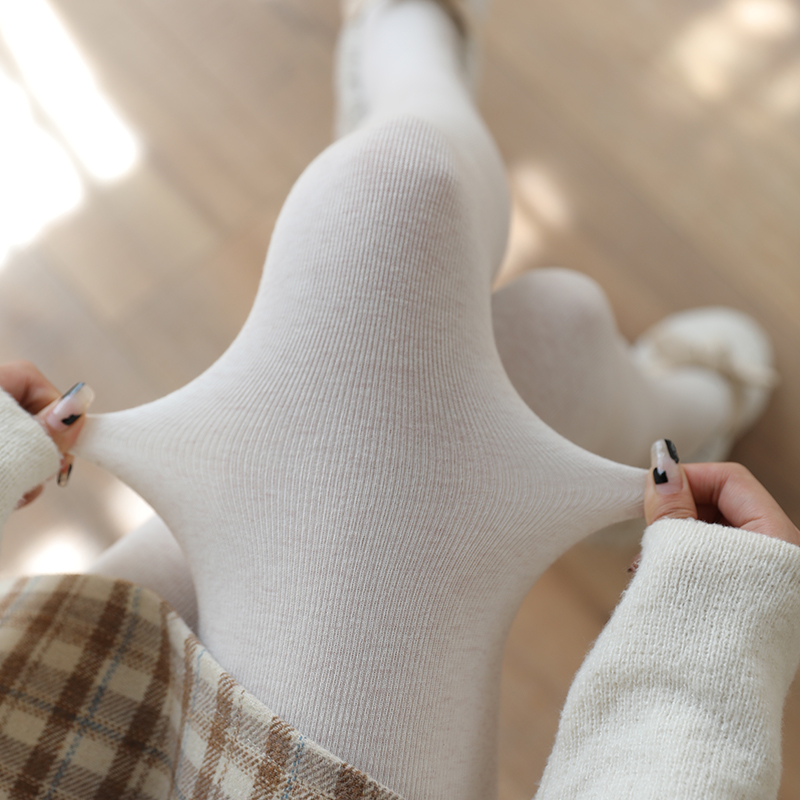 高腰日系打底裤女加绒连裤袜保暖秋季燕麦白色浅咖色竖条纹连裤袜