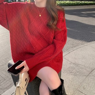 本命年圣诞节红色套头麻花毛衣z裙女中长款秋冬宽松慵懒风加厚洋
