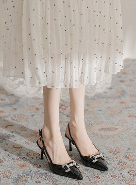 法式水钻一字带黑色职业高跟鞋女细跟2024年新R款秋冬包头气质凉