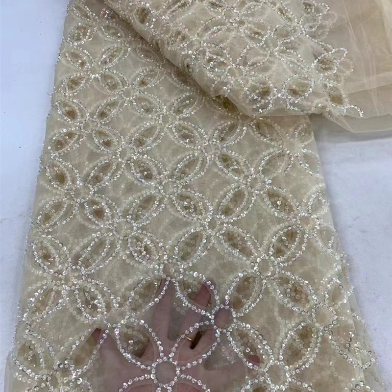 新设计镂空5码亮片网布薄纱非洲DIY珠片绣婚纱晚宴礼服蕾丝面料
