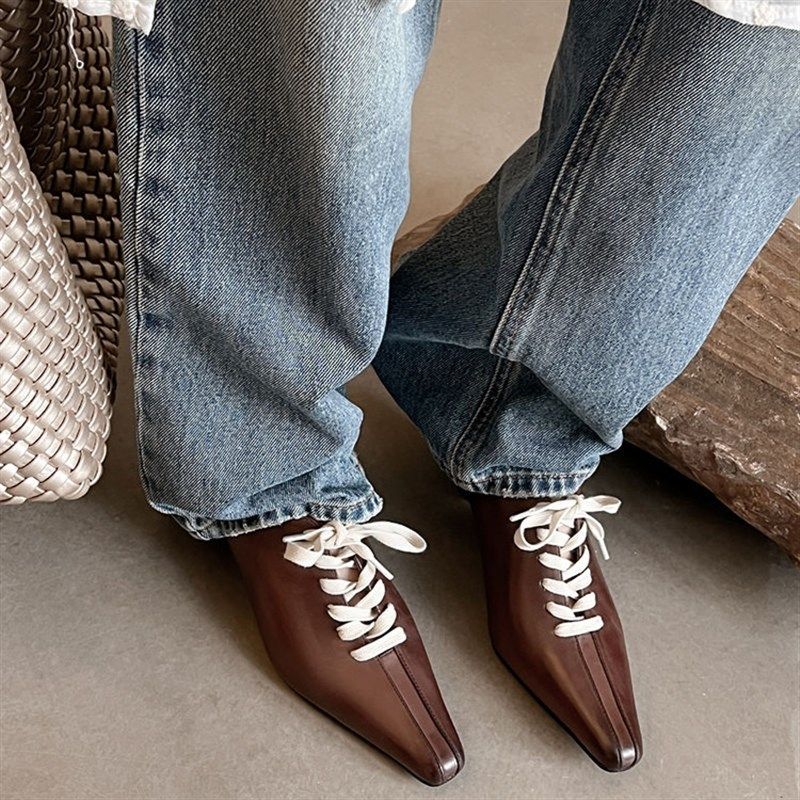 真皮4.5cm粗跟深口单鞋女w25年早春时尚英伦风复古尖头系带小皮鞋,女鞋,深口单鞋,淘宝优惠券,粉丝福利购,淘宝优惠卷