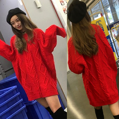 大红色网红矮个子毛衣o女秋冬麻花宽松套头外穿慵懒风中长款针织