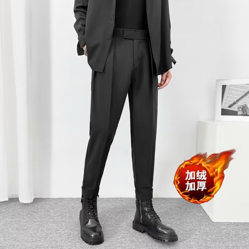 搭配马丁靴裤子男秋冬季垂感休闲九分裤魔术贴小脚V束脚哈伦西装
