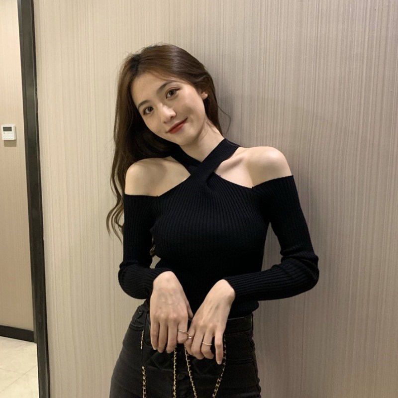 挂脖毛衣女秋冬季黑色打底衫202A0新款洋气百搭设计感心机内搭上