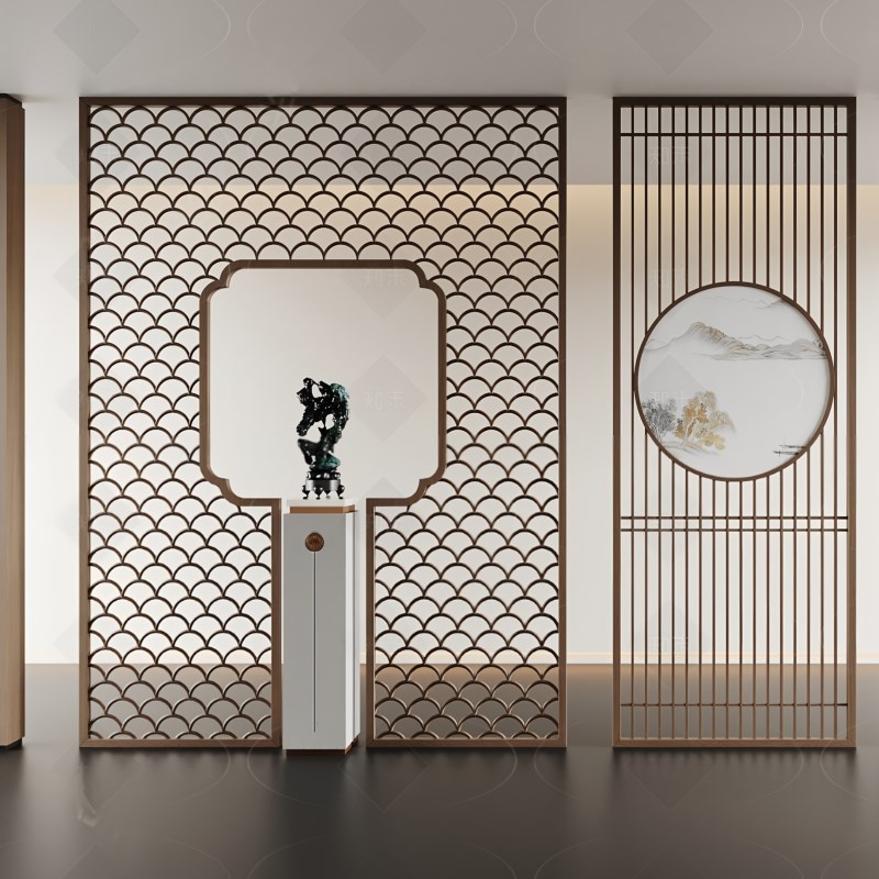 定制不锈钢屏风隔断新中式酒店餐厅会所客厅玄关雕花镂空隔断格栅