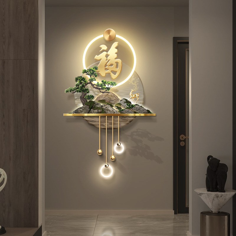 3D立体玄关装饰k画走廊尽头新中式发财树福字挂画过道led高档壁画图片