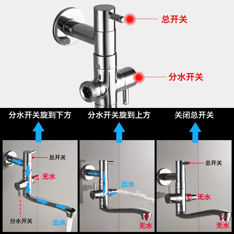 全铜单冷洗衣机龙头洗碗机拖把池水龙头多功能加长双出水一进二出