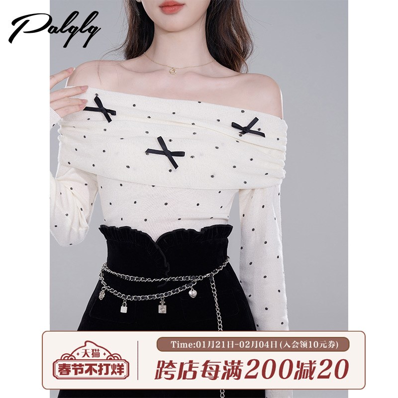 法式高级感一字肩薄款针织衫女早秋季小众温柔风软糯波点修身上衣