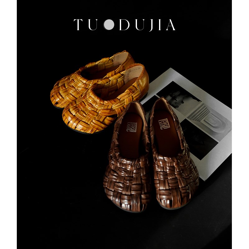 脱毒家2025新款 菠萝包 牛皮手工编织女鞋镂空软底真皮包头凉鞋