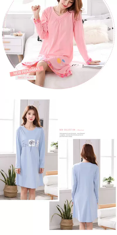 Dài tay kiểu váy cotton mỏng rời phần trên cơ thể dài trung bình dịch vụ tại nhà mùa hè giới hạn quần áo đồ ngủ áo một mảnh phụ nữ - Pyjama